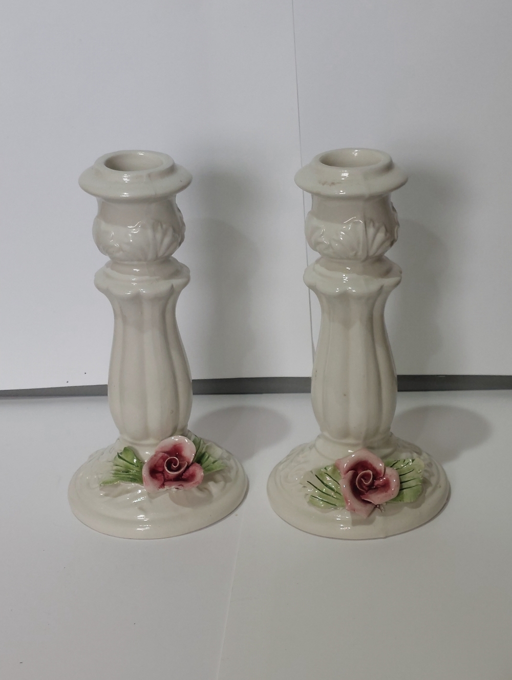 capodimonte candlesticks White Pink Floral 7x3" MCM  Victorian Style See Photos